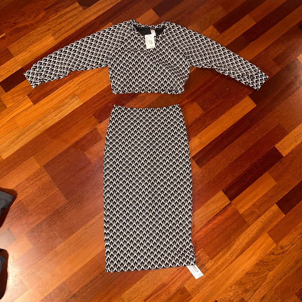 American Apparel Black and White Midi Skirt with Matching Crop Top